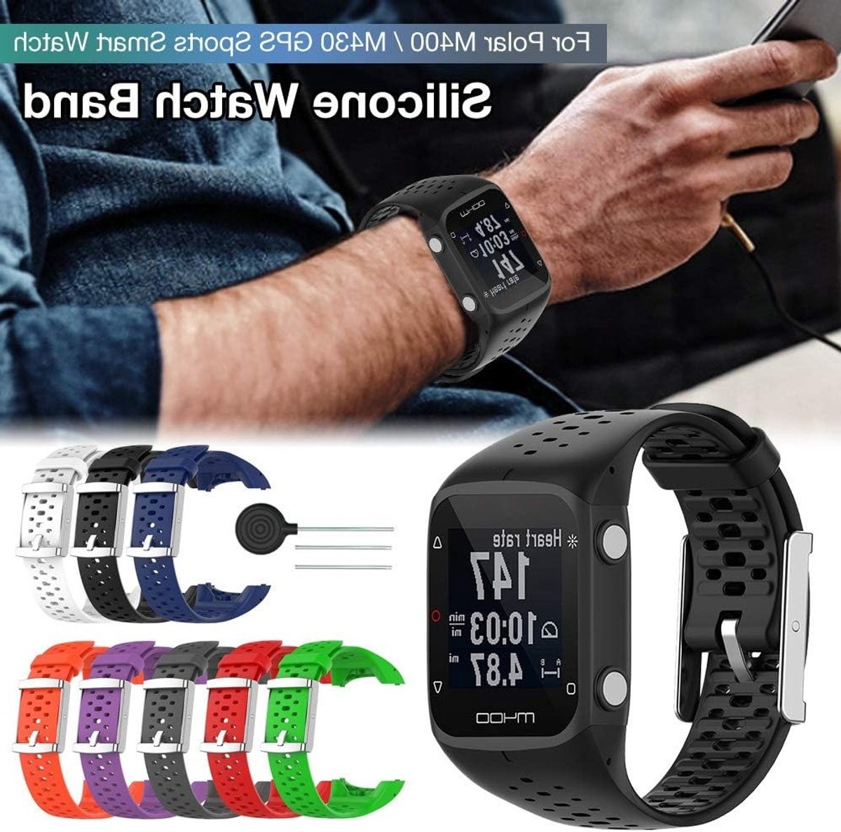 Zachte Siliconen Vervangband voor Sporthorloges, Comfortabele en Ademende Armband met Gereedschap voor M400 en M430