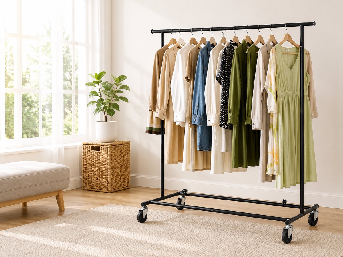 Tatkraft Derek - Heavy Duty Verrijdbaar Kledingrek Op Wielen - Stevig Mobiel Verstelbaar Kleren Rek Op Wielen - Kledingstandaard Hangrek - In Hoogte & Breedte Verstelbaar - Kleding Rek  Verchroomd RVS - 70 KG Draagvermogen URBAN