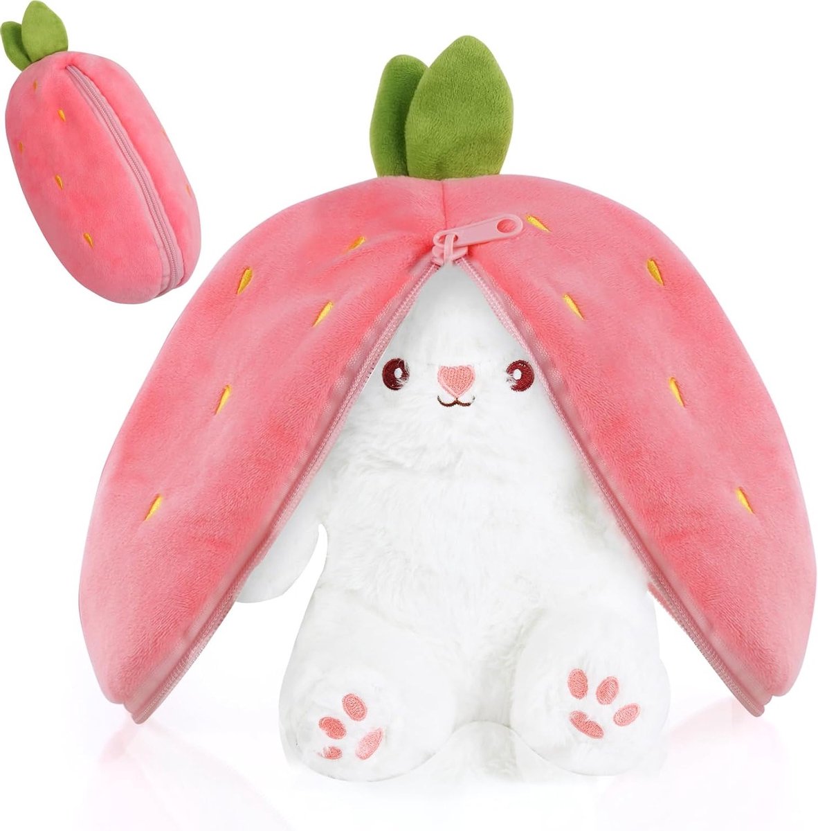 Pluche Konijn Knuffel Kussen Omkeerbaar met Wortel en Aardbei - Schattig Cadeau voor Jongens en Meisjes, Perfect voor Pasen en Verjaardagen