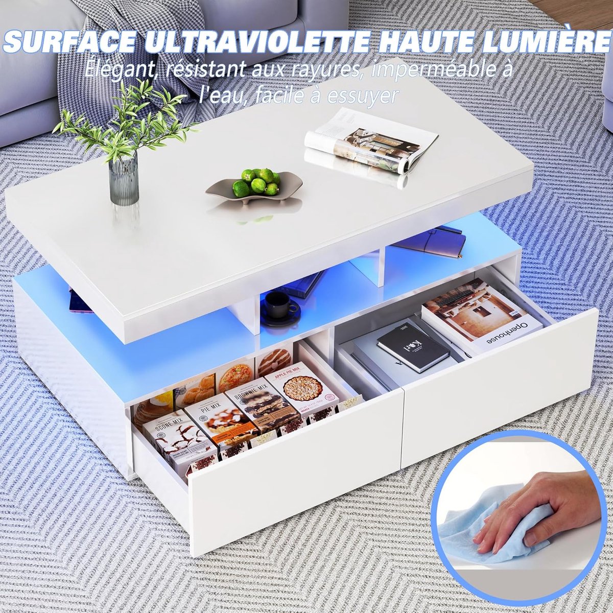 Salontafel met LED Verlichting en 2 Lades – Moderne Rechthoekige Woonkamertafel 104x53x46 cm – House&Garden Koffietafel met Opbergruimte – Wit/Zwart Design – Inclusief LED Sfeerverlichting