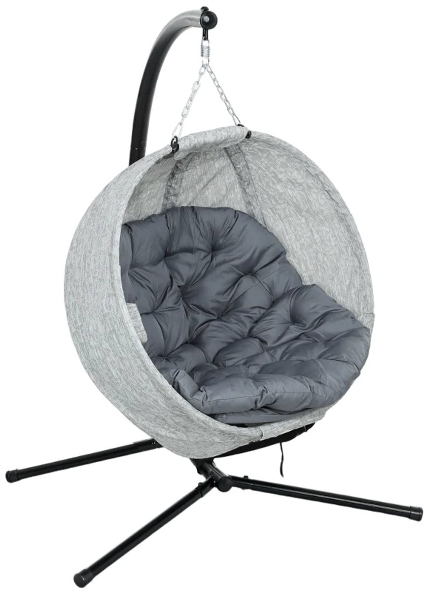 Egg Hangstoel met Standaard, Bekerhouder & Kussen - Egg Chair - Stalen Frame - Opvouwbare Hangschommel - Schommelstoel - Tuinstoel - tot 120 kg - Verstelbare Hoogte - voor Binnen / Buiten - voor Tuin, Terras, Balkon - Grijs