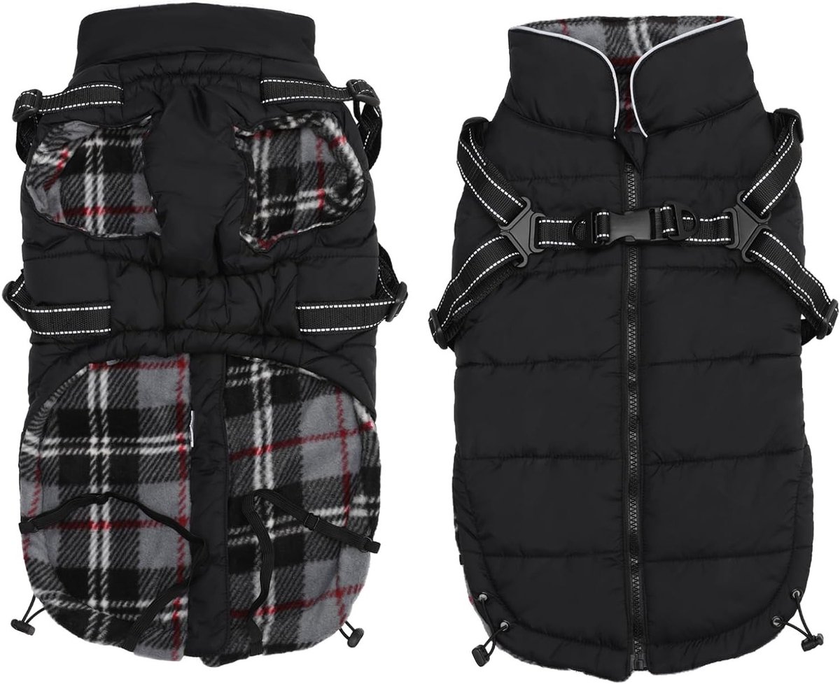 Warm Winter Jacket voor Honden - Waterdicht Winterjack met Harnas en Leash voor Kleine en Middelgrote Honden - Ideaal voor Buiten in de Herfst en Winter - Zwart - XS