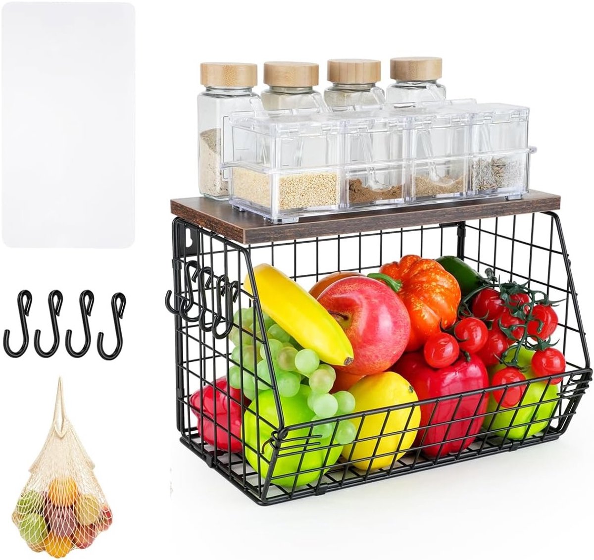 Stapelbare metalen fruitmand met 4 bananenhaken en mesh zak voor keukenorganisatie en snackopslag