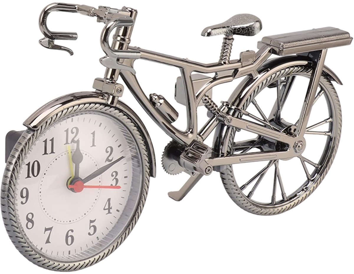 Dailygoody - Fietsklok - Vintage Tafelfiets Klok - Decoratief Cadeau - Zilver - Bureau Plank Klok - Niet-tikkende Klok - Voor Thuis