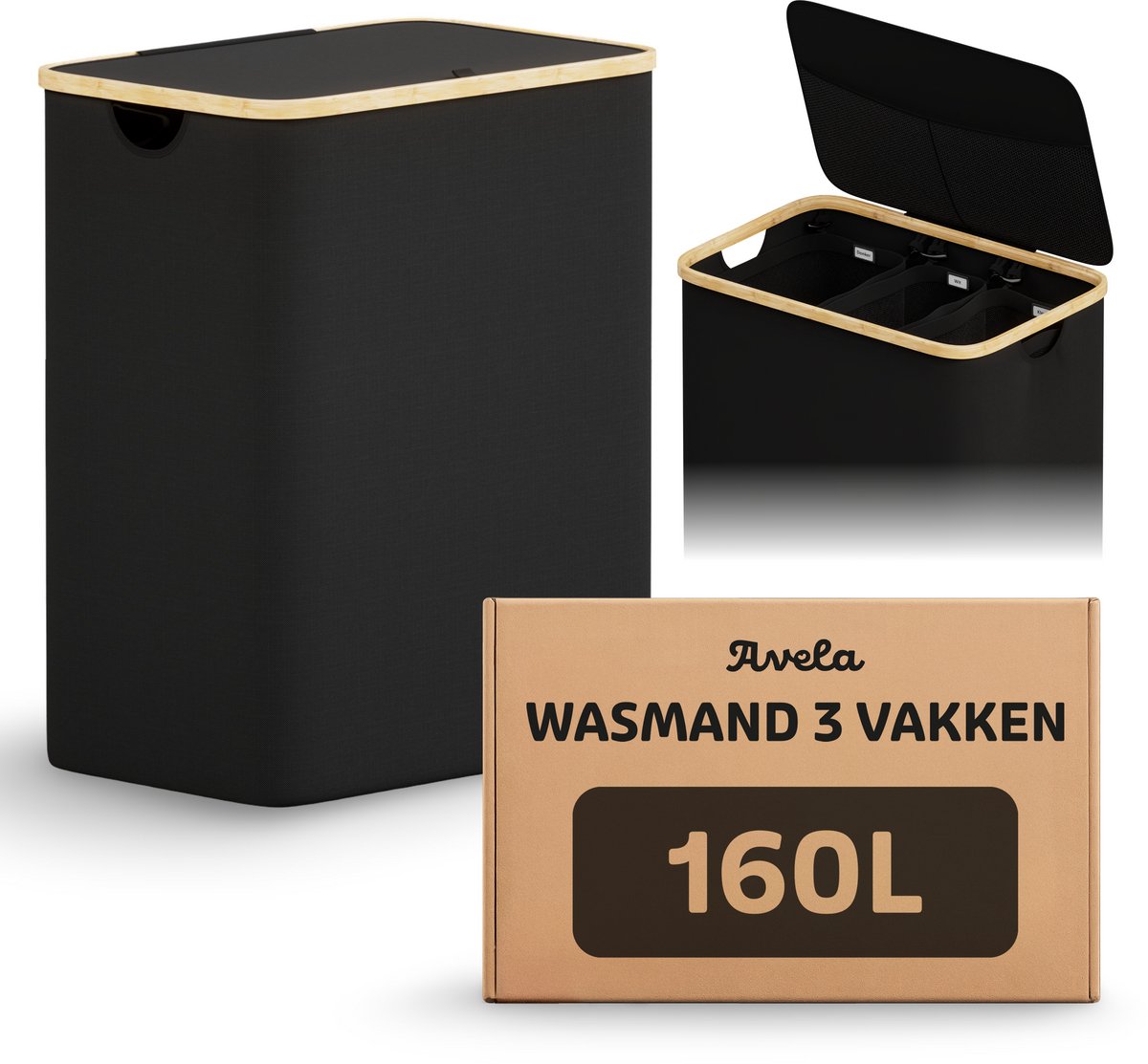 Avela Wasmand 3 vakken met deksel - 160L - Zwart - Wassorteerder