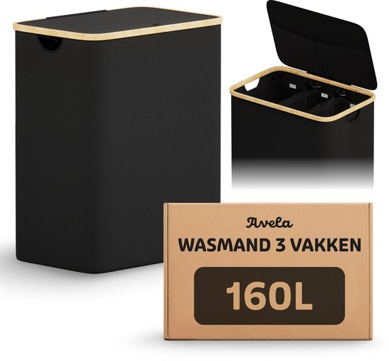 Avela Wasmand 3 vakken met deksel - 160L - Zwart - Wassorteerder