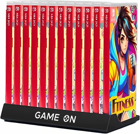 Zwarte game organizer met 12 rode gameboxen, waaronder de 'FITNESS' cover.