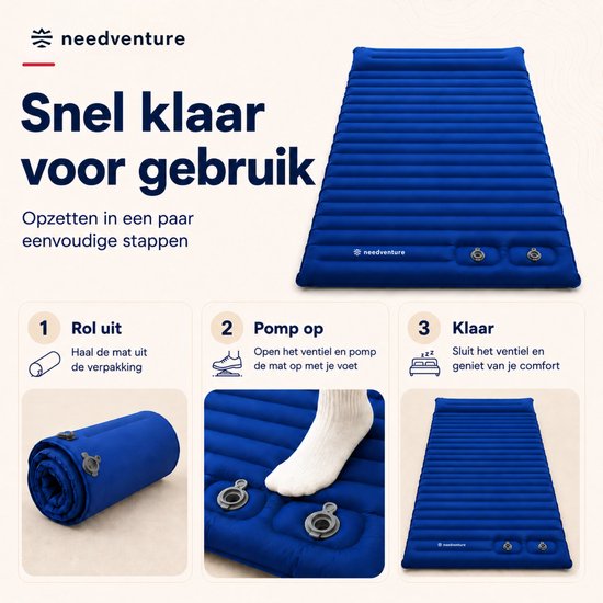 needventure® Slaapmat Zelfopblazend door Voetpomp - Slaapmatje met Ingebouwde Pomp - Camping Matras - Camping Bedje - Opvouwbaar Logeer Matras - Luchtbed - Luchtmatras - 2 Persoons - Blauw - 10CM van NEEDVENTURE® — afbeelding 4