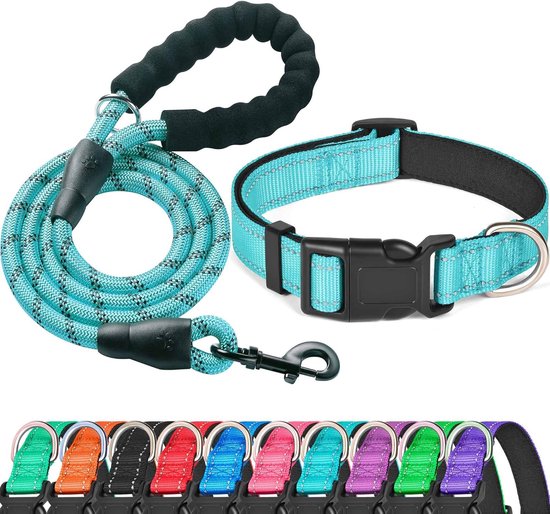 Hondenlijn en halsband set in turquoise met reflecterende draden en een zwarte schuimhandgreep. Onderste rij toont diverse kleuren halsbanden.