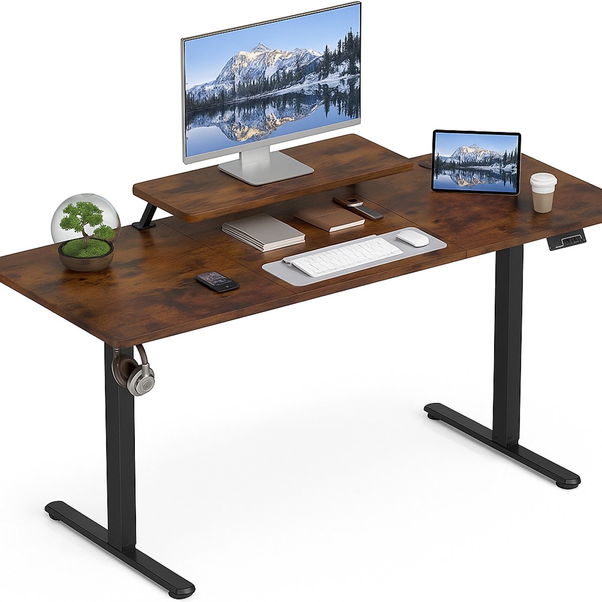 Elektrisch Verstelbaar Bureau 160×60 cm – Hoogte Verstelbaar 73-118 cm – Sta Zit Bureau Met Vaste Monitor Verhoger – Belastbaar 80 kg