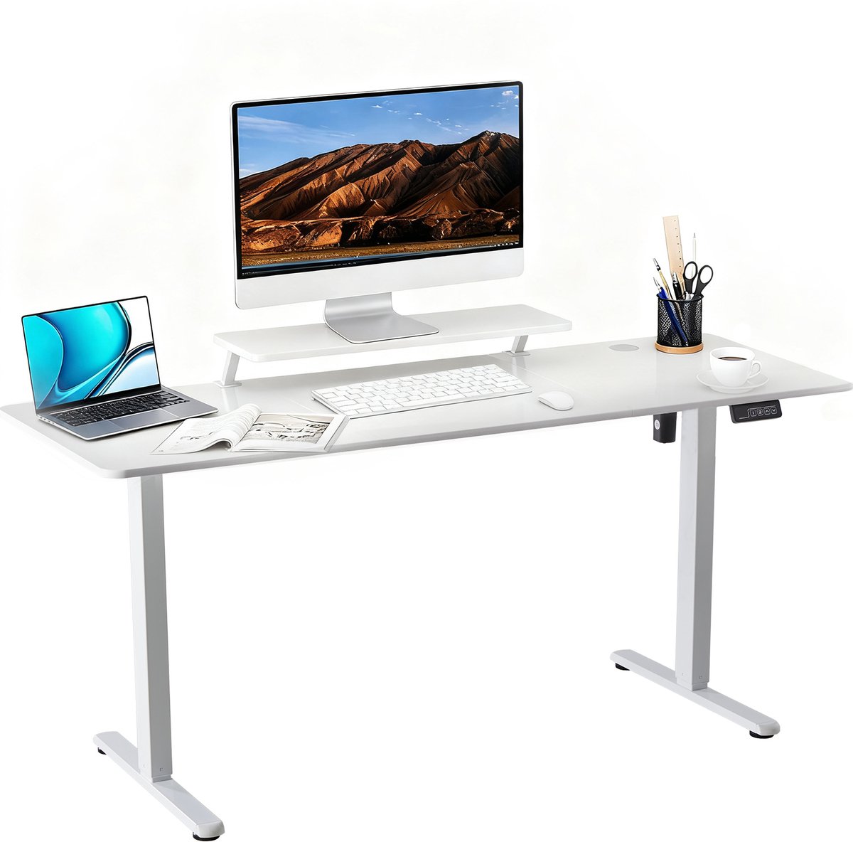 Elektrisch Verstelbaar Bureau 160×60 cm – Hoogte Verstelbaar 73-118 cm – Sta Zit Bureau Met Vaste Monitor Verhoger – Belastbaar 80 kg