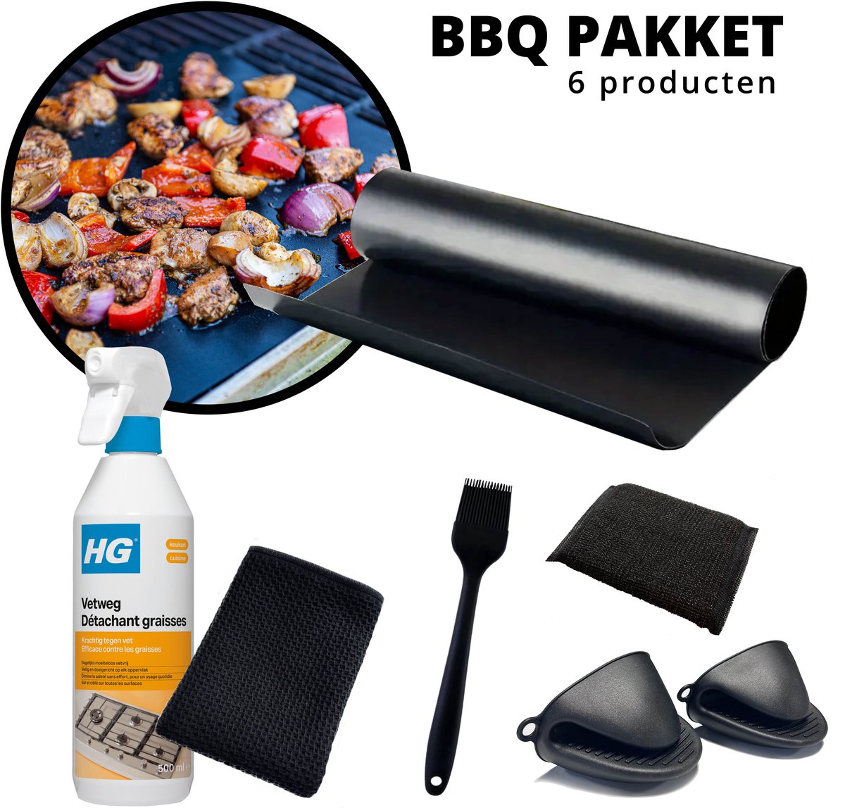BBQ Pakket - BBQ mat - grillmat - HG Vetweg - vetvrije spray - HG - schoonmaakboek - bakkwast - ovenhandschoen - ovenwantjes - bbqen - grillen - vaderdag - bbqmat - ovenmat - siliconen - zwart - schuurspons - spons - bbqspons
