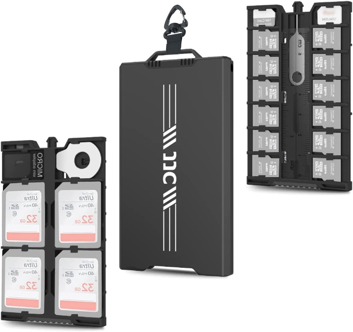Pop-up metalen geheugenkaarthouder voor 12 micro SD, 4 SD en 2 nano SIM kaarten met carabiner en accessoires - ideaal voor opslag en bescherming van geheugenkaarten