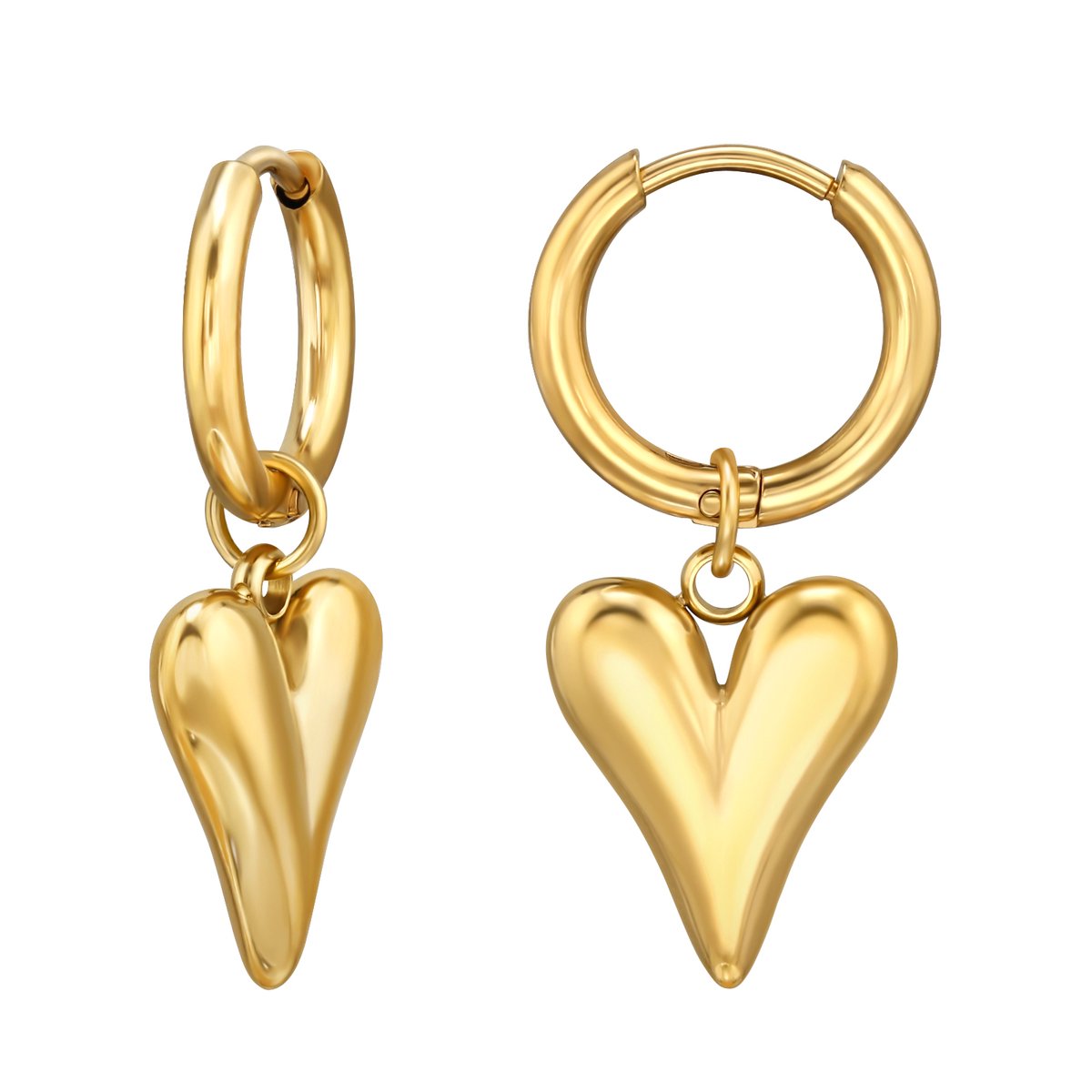 Goud kleurige stainless steel oorringen met hangend hartje | dames oorbellen | chirurgisch staal | hypoallergeen | Zilverana | RVS