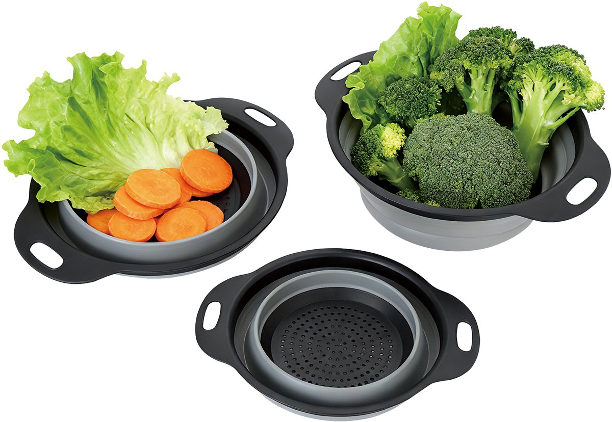 Swiss Haus® FS3B Siliconen Vergiet - Opvouwbare - 3 stuks Afdruipmandje - BPA Vrij - Groenten en fruit - Vaatwasserbestendig - Hittebestendig - Zwart
