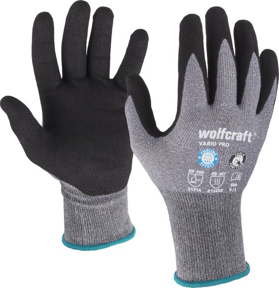 Wolfcraft VARIO PRO werkhandschoenen, grijs met zwart, gedetailleerd. Maten L, 9.