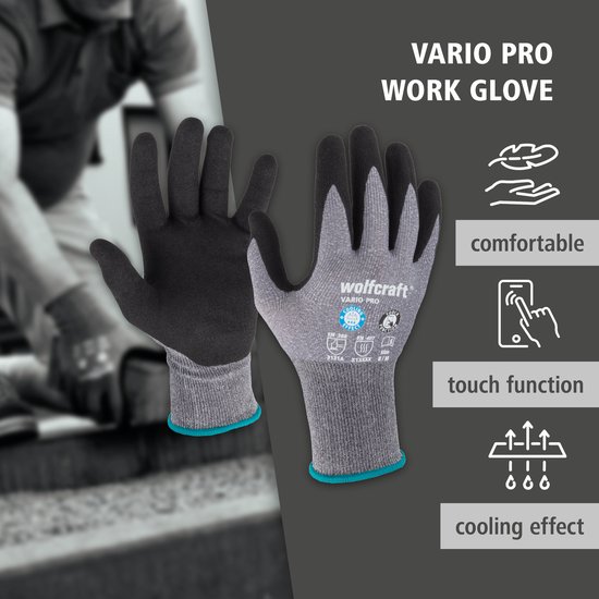 Wolfcraft VARIO PRO werkhandschoenen, grijs met zwart, met teksten 'comfortable', 'touch function', 'cooling effect'.