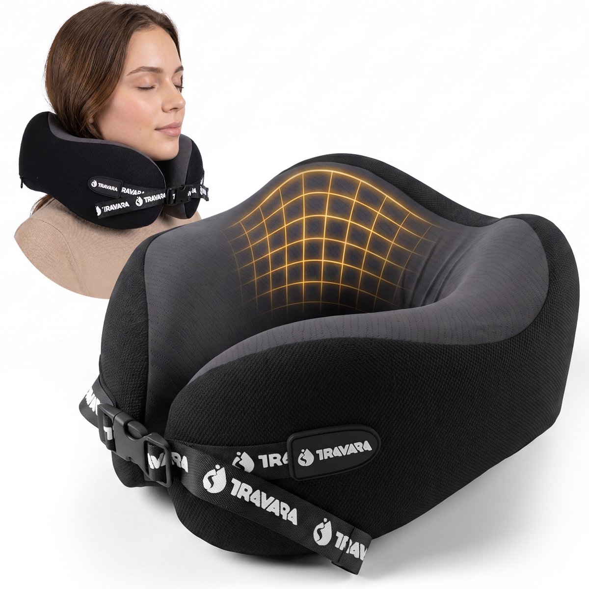 TRAVARA Nekkussen The Daydreamer - Reiskussen met Duo Density Traagschuim - Voor Vliegtuig - Auto Kussen - Memory Foam - Zwart