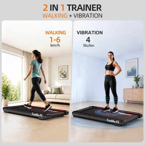 Funlife F5 2-in-1 Walking Pad - Loopband met Vibratiefunctie - 1-6 km/u - Voor Thuis, Kantoor en Onder Bureau - Stil, Compact, LED-display