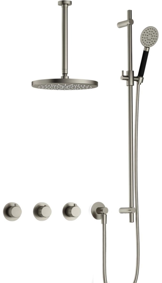 Hotbath Cobber X - CX7067 - Inbouw Regendoucheset - Geborsteld Nikkel - 2 Stopkranen - Thermostatisch - Plafondbuis 30 cm - Hoofddouche 300 mm - Ronde Handdouche 3 Standen - Glijstang 900 mm - met M106 - Waterbesparend