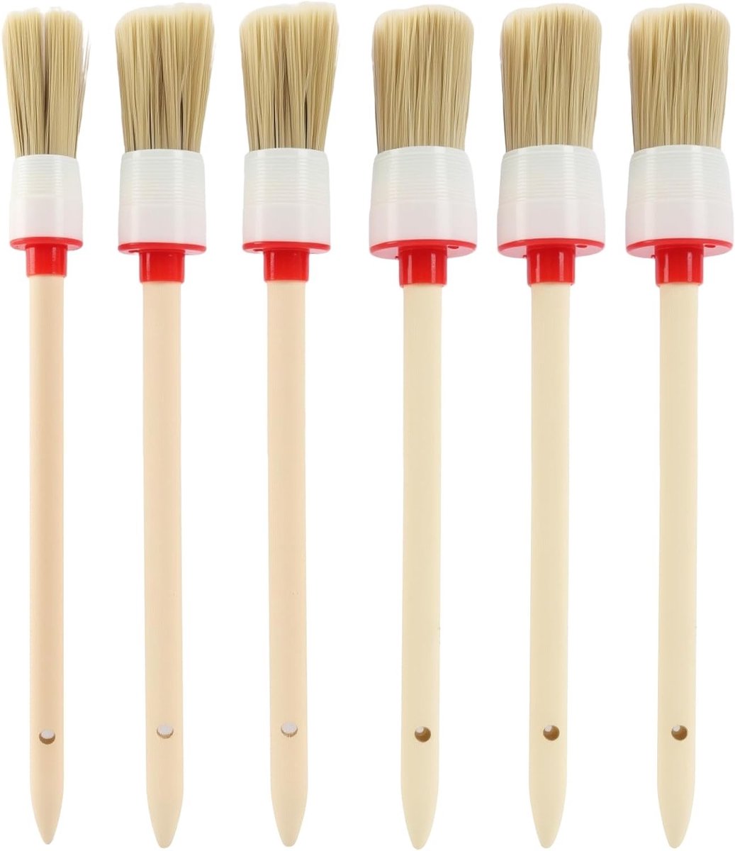 Ronde kwasten van natuurlijke varkenshaar, 6 houten handvat penselen voor acrylverf, krijtverf, details, decoratie en stencils, perfect voor schilderprojecten en auto-reiniging
