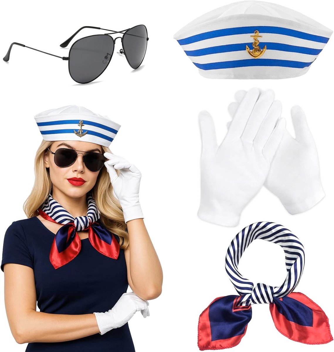 Sailor Captain Kostuumset voor Feestelijke Gelegenheden - Sjaals, Bril en Handschoenen voor Mannen en Vrouwen, Perfect voor Themafeesten en Verkleedpartijen