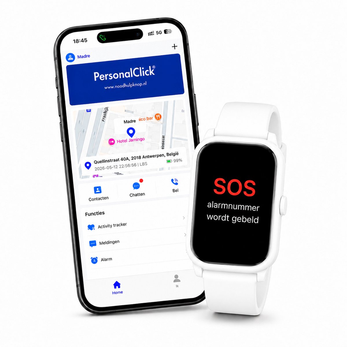 Personalclick pc45 alarm horloge ouderen, valdetectie & waterdicht & sos knop & extra smal en lange accuduur, alarmknop voor ouderen , wit