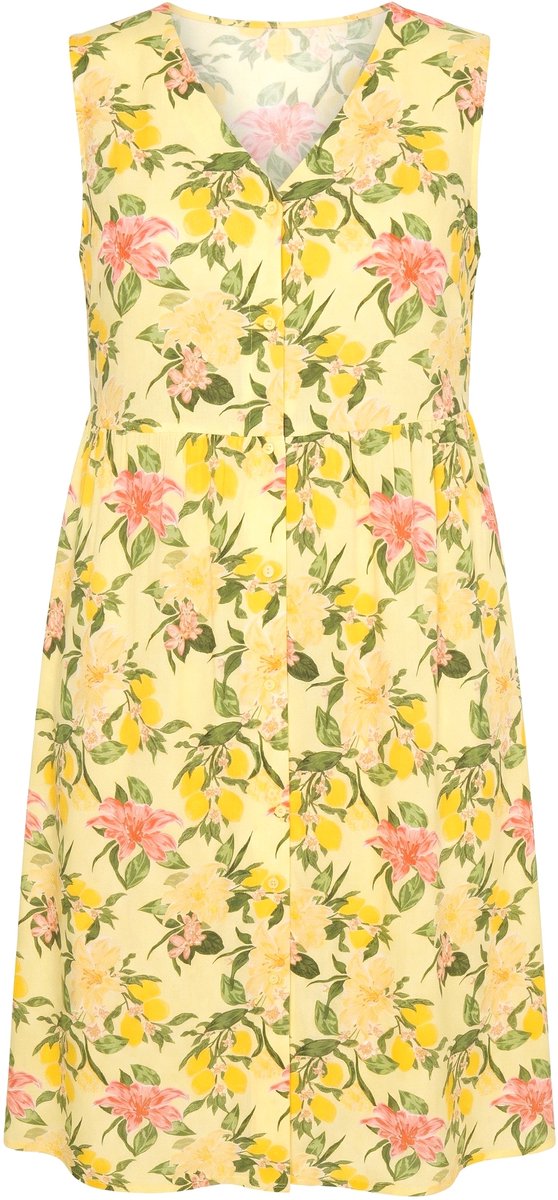 MIAMODA - Dames - Midi-jurk mouwloze A-lijn citroenmotief - Sorbet geel - Maat 54