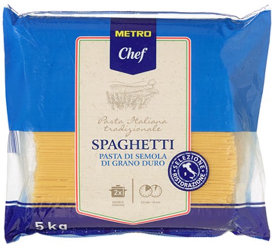 Emballage Metro Chef Spaghetti, 5 kg, avec texte italien 'Pasta Italiana tradizionale' et 'Spaghetti pasta di semola di grano duro'.