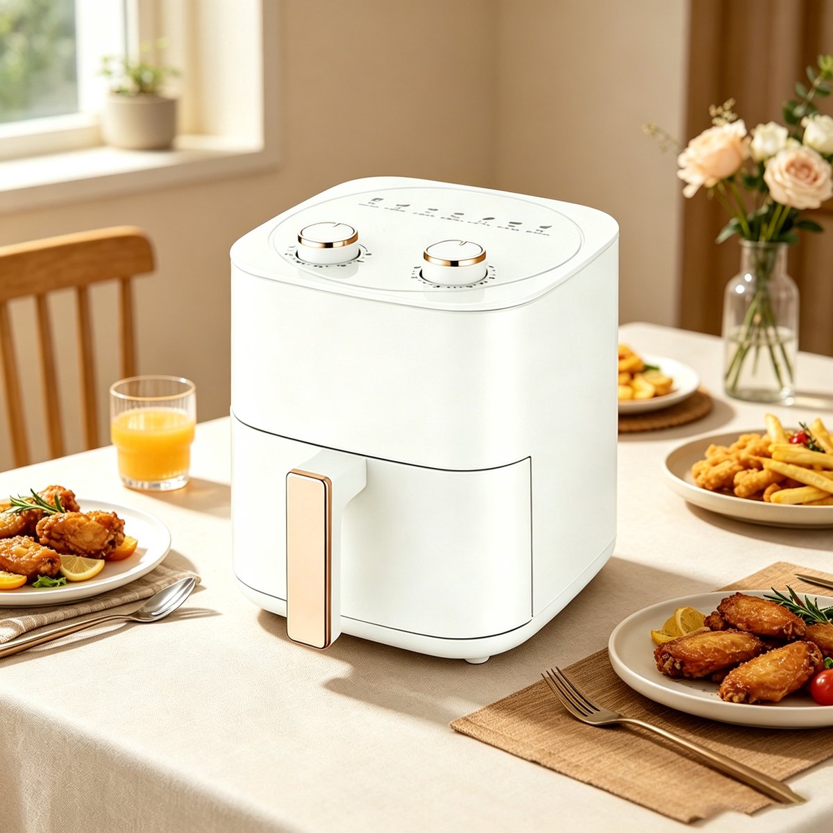 Compacte airfryer van 6 liter met 7 menu opties instelbare timer en temperatuurregeling roestvrijstalen frituurmand met antiaanbaklaag wit