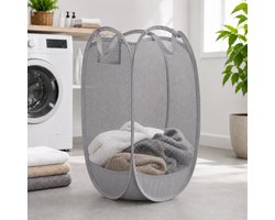 HEM Inklapbare Wasmand 64L – Opvouwbare Waszak – Mesh Laundry Bag met Pop-up Frame – Grijs – Inclusief HEM Microvezeldoekje