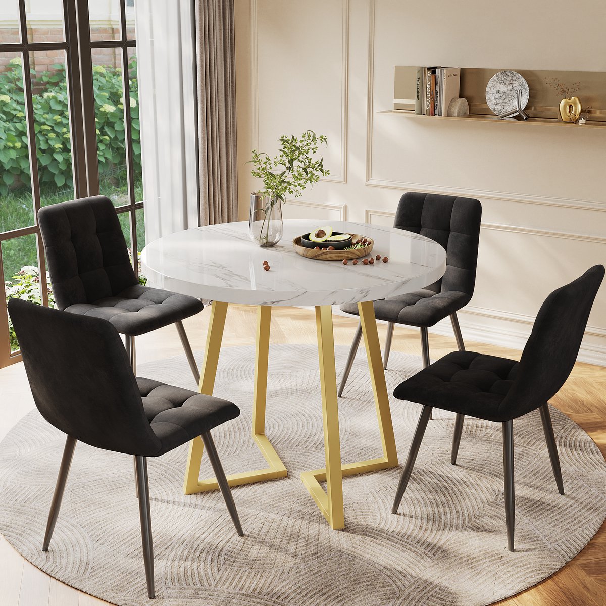 Eettafelset - Ø80 cm - Rond Tafel Set + 4 Stoelen - Samt Stoelen - MDF Blad - Wit/Zwart