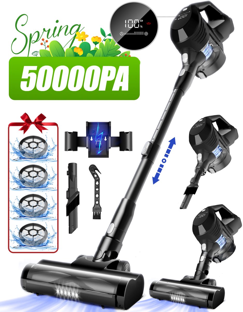 Elekiatech - Steelstofzuiger Draadloos - 50000Pa - 50 Min Gebruikstijd - 1.8L Stofbak - LED display – voor Harde Vloeren, Tapijt en Dierenharen - Zwart — afbeelding 1