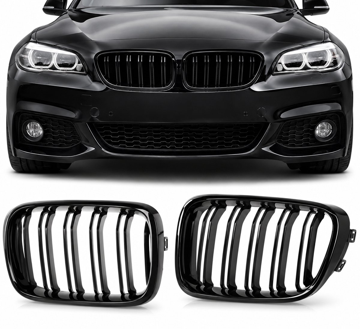 Grill Nieren geschikt voor BMW 1 Serie F20 LCI (2015+) – Dubbele Spijlen – Glanzend Zwart