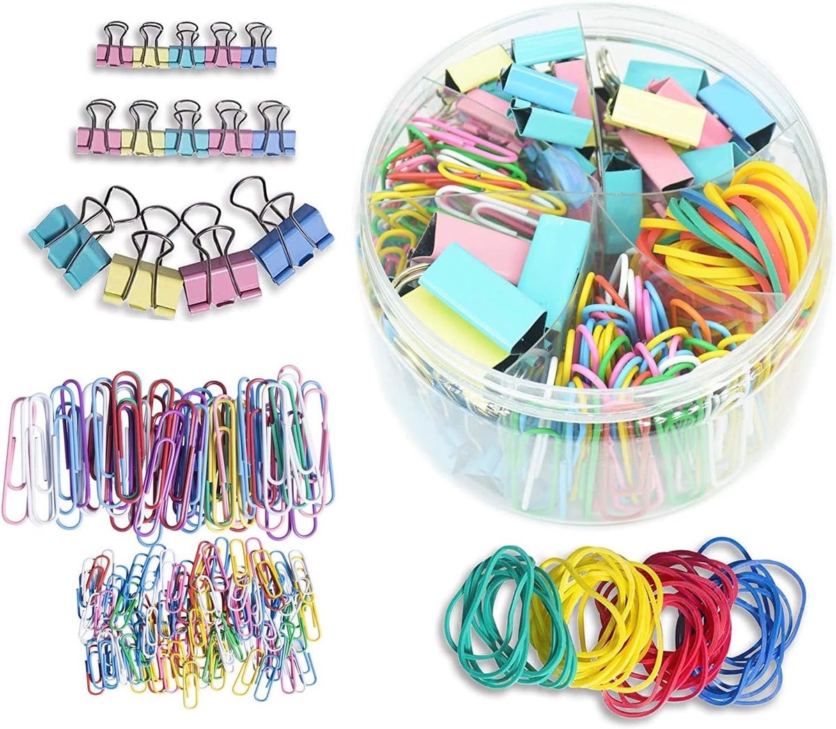 Multicolor Kantoorclips Set - 3 Groottes Binderclips, 2 Groottes Paperclips en 4 Kleuren Rubber Bands voor Kantoor en School (240 Stuks)