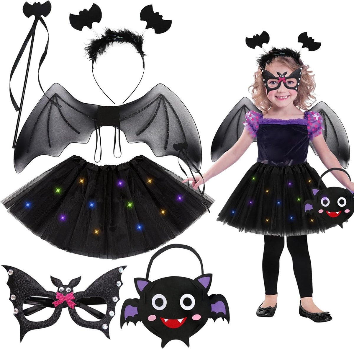Halloween kostuumset voor kinderen met vleermuis, LED rok, toverstaf, haarband en masker voor een spookachtig feest