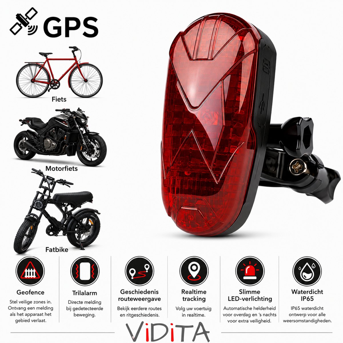 BikeGuard - GPS Tracker Fatbike & E-bike – Verborgen in Achterlicht – 4G – Inclusief Simkaart & NL Handleiding – Geofence – 25 Dagen Batterij – IP65