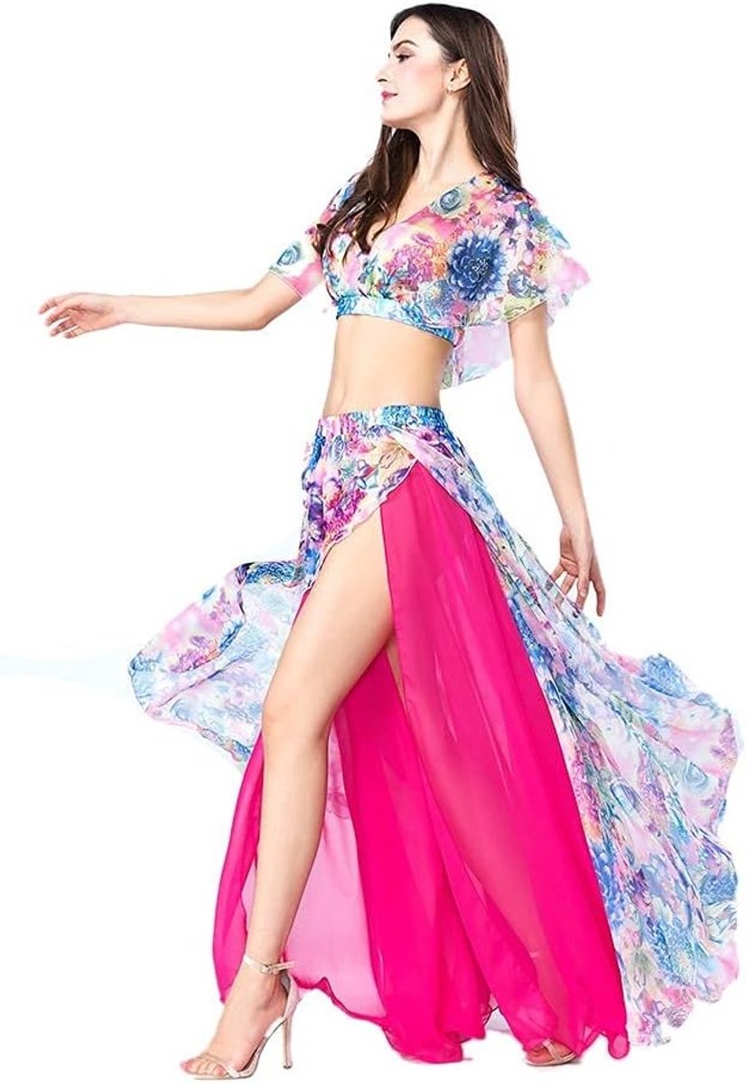 Belly Dancing Top en Rok Set voor Vrouwen - Sexy Danskostuum met Bloemen Chiffon, Lange Rok en Tops voor Optredens