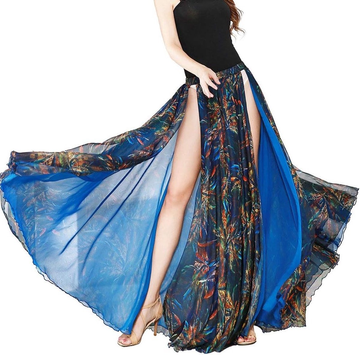Elegante Chiffon Bellydance Rok voor Dames met Bloemenprint en Split - Oriëntaals Dansoutfit in Blauw met Pauwenmotief, M