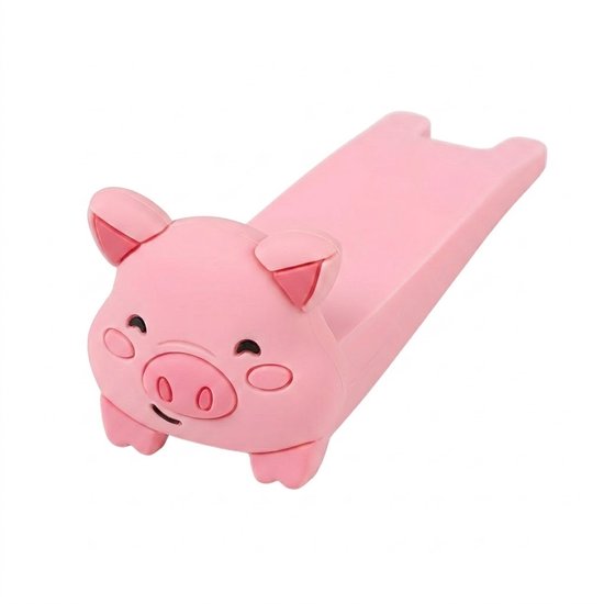 Roze deurstopper in de vorm van een varken, op een witte achtergrond.