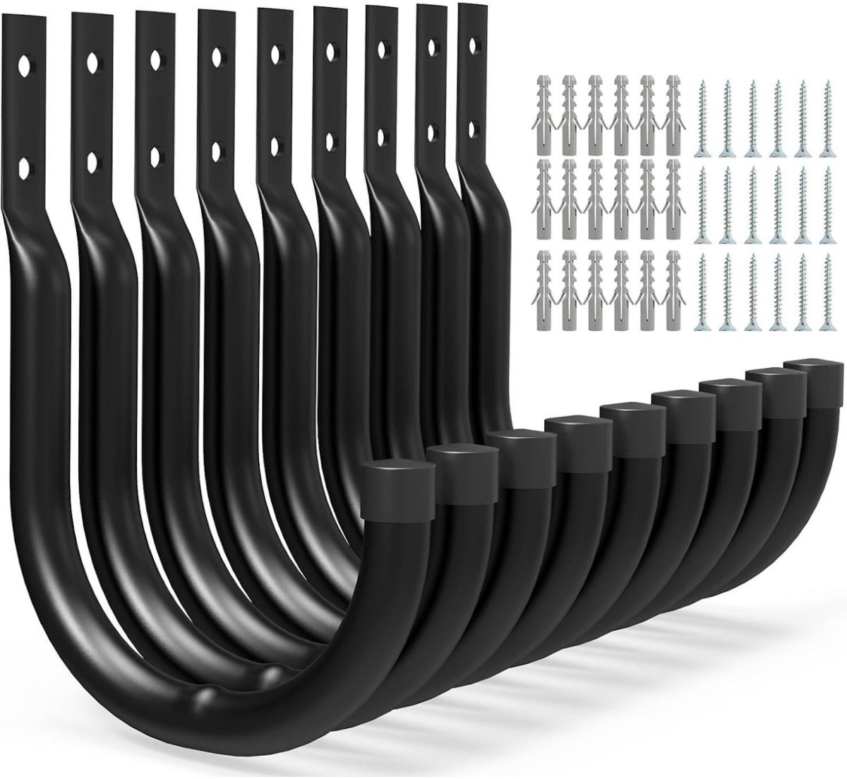 GELLDG 9 Stuks Systeemhaak - J-Haken - Metaal Wandhaken Set - Robuust en Rostvrij tot 30kg - Geschikt voor Garages, Tuingereedschap en Zware Lasten - Inclusief Montagemateriaal - 12x9x4,5cm