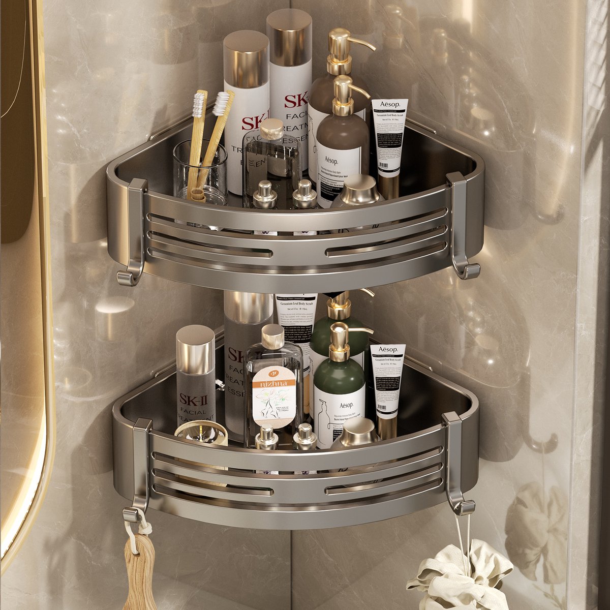 Doucherek Hoek 2 Stuks Zonder Boren met 4 Haken – Aluminium Douche Plank Zelfklevend – Badkamer Hoekrek Roestvrij Wandmontage – Voor Shampoo, Douchegel en Badkamer Accessoires