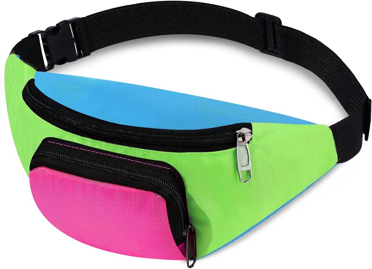 Neon Retro 80s Heuptas met 2 Vakken, Verstelbare Tailleband, Ideaal voor Feesten en Reizen, Unieke Kostuums voor Mannen en Vrouwen