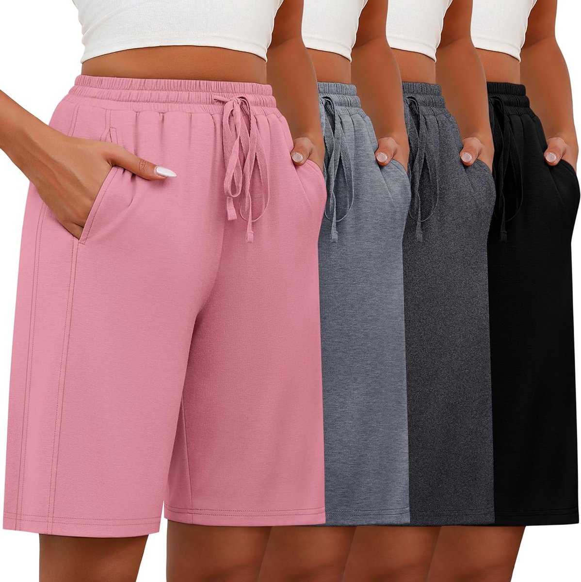 4-Delige Bermuda Shorts voor Dames met Trekkoord en Elastische Tailleband, Casual, Wijde Pijpen, Ideaal voor Zomer en Strandactiviteiten