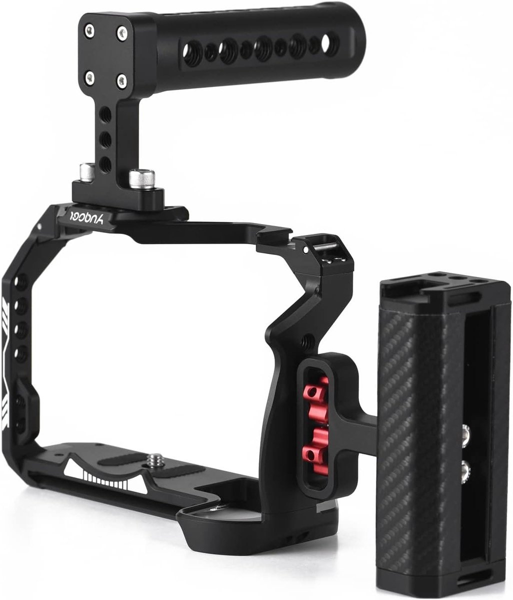 Aluminium Video Cage voor Canon R7 met Top Handle, Side Handle en Meerdere Bevestigingsopties, Zwart, Ideaal voor Filmen en Fotografie