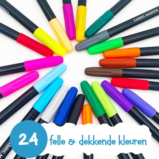 Een cirkel van 24 felgekleurde stoffen pennen, doppen naar buiten gericht. Tekst '24 felle & dekkende kleuren'.