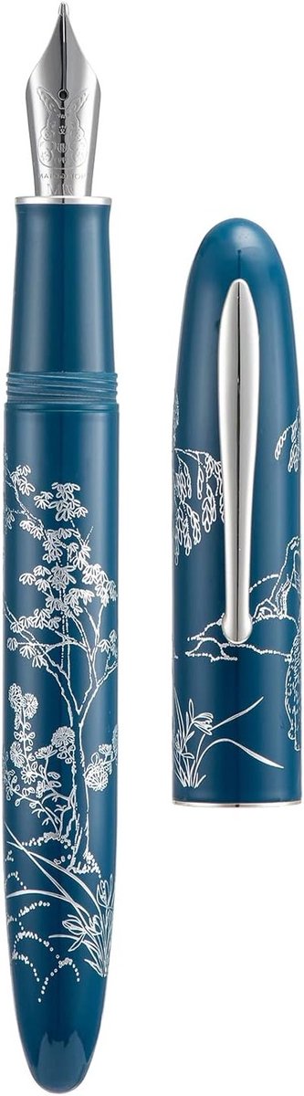 Blauwe Konijn Vulpen met Lange Medium Nib en Zilveren Afwerking, Perfect voor Schrijven en Cadeaus, Inclusief Converter en Metalen Pennendoos Set