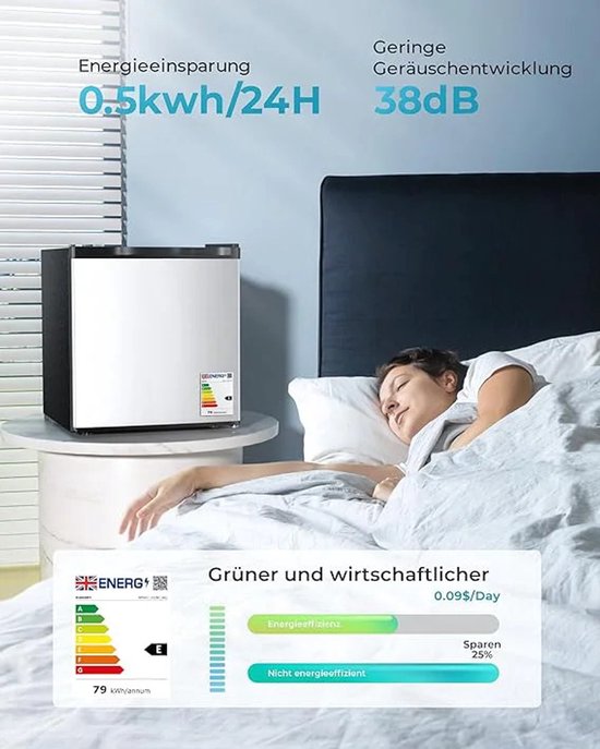 LUMÉ STORE Mini Koelkast - Minibar - Mini Vriezer - 46L - Vriesvak - 7 Standen - Energiezuinig - Stil - Omkeerbare Deur - Wit — afbeelding 5