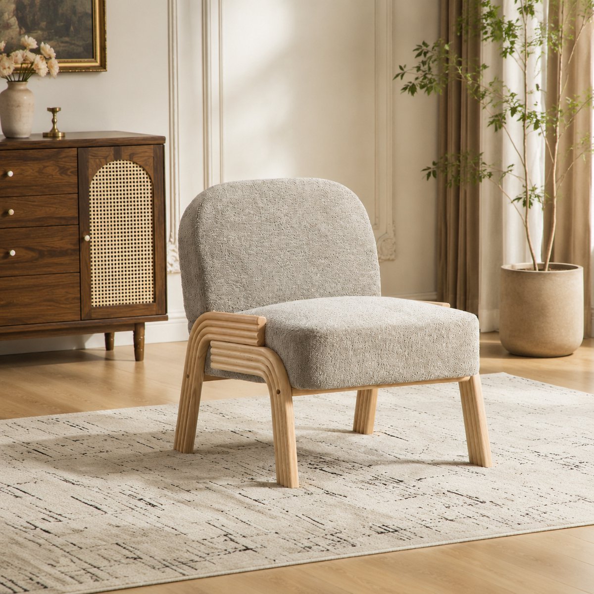 Fauteuil - Comfortabele TV-stoel - Leesstoel - Chenillestof - Zacht zitkussen - met massief houten poten - Modern design - Geschikt voor de woonkamer, slaapkamer - Grijs