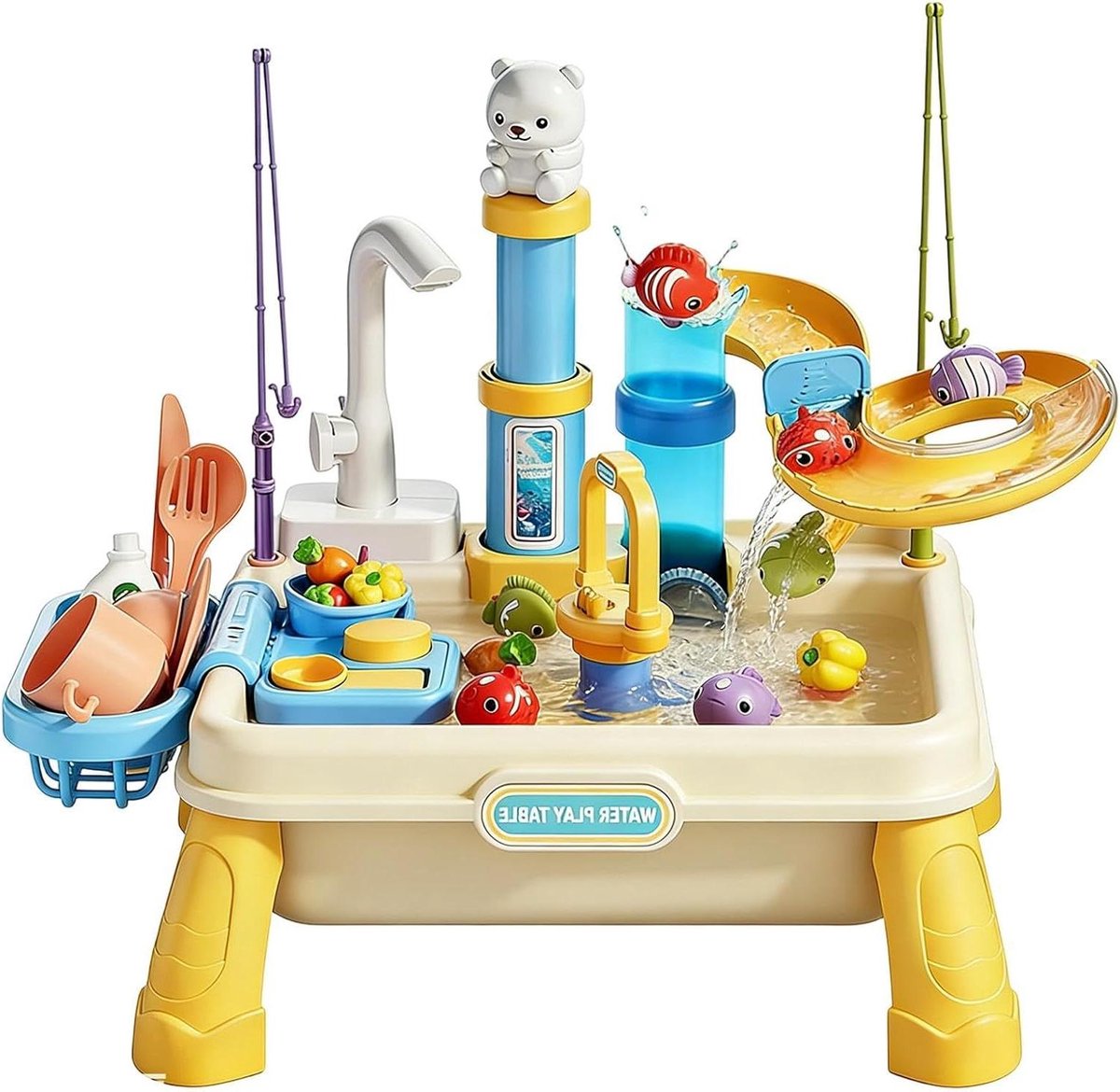 Waterspeelbord Kinderen - Sensorisch spel - Buiten spelen - Geïntegreerd pompsysteem - 31 x 12 x 30 cm - Crèmetinten